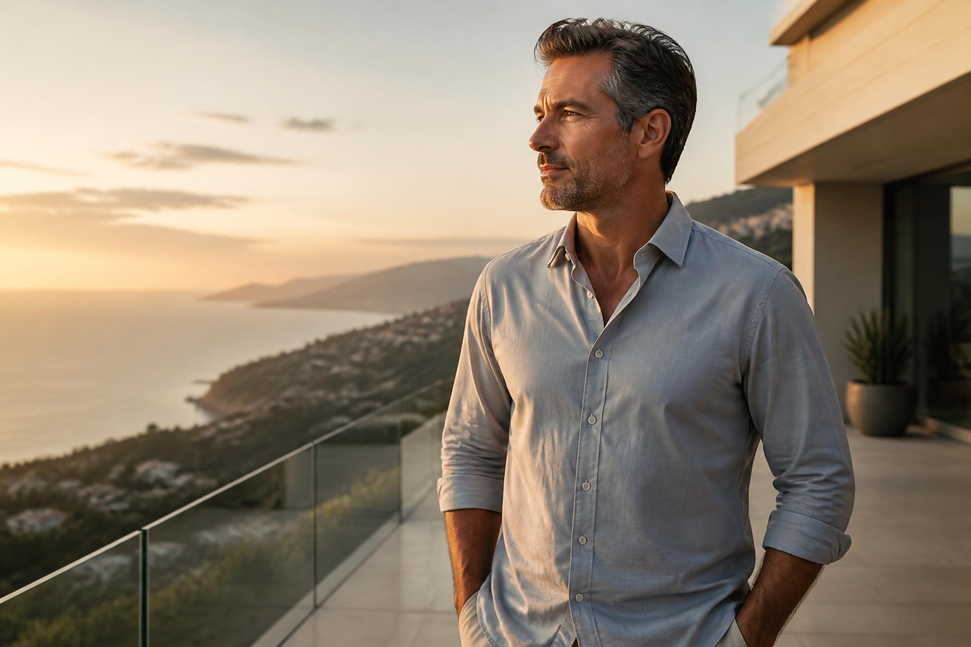 Man in his late forties standing on a terrace at golden hour