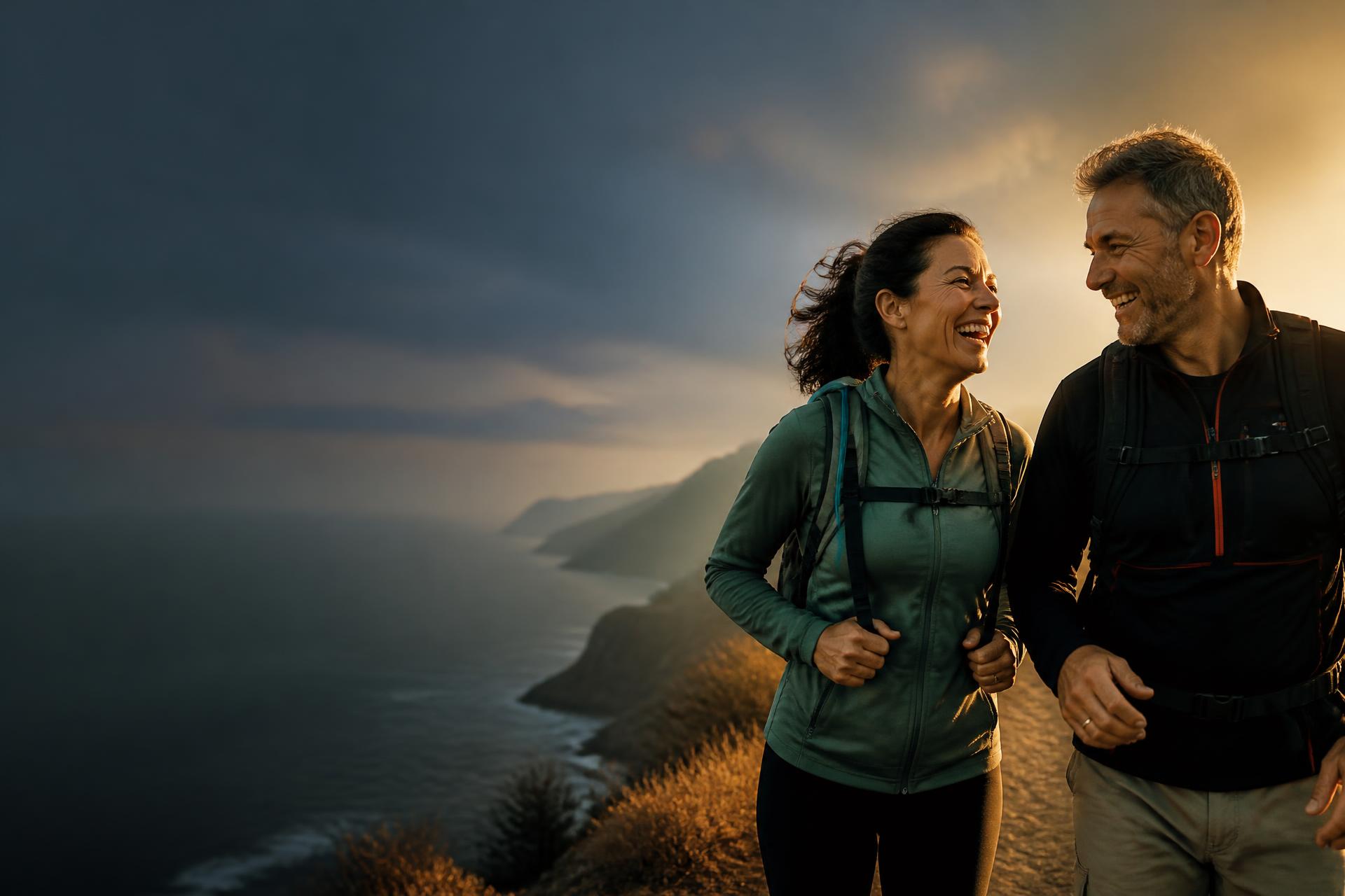 Man and woman in their late forties laughing together on a golden-hour coastal hike
