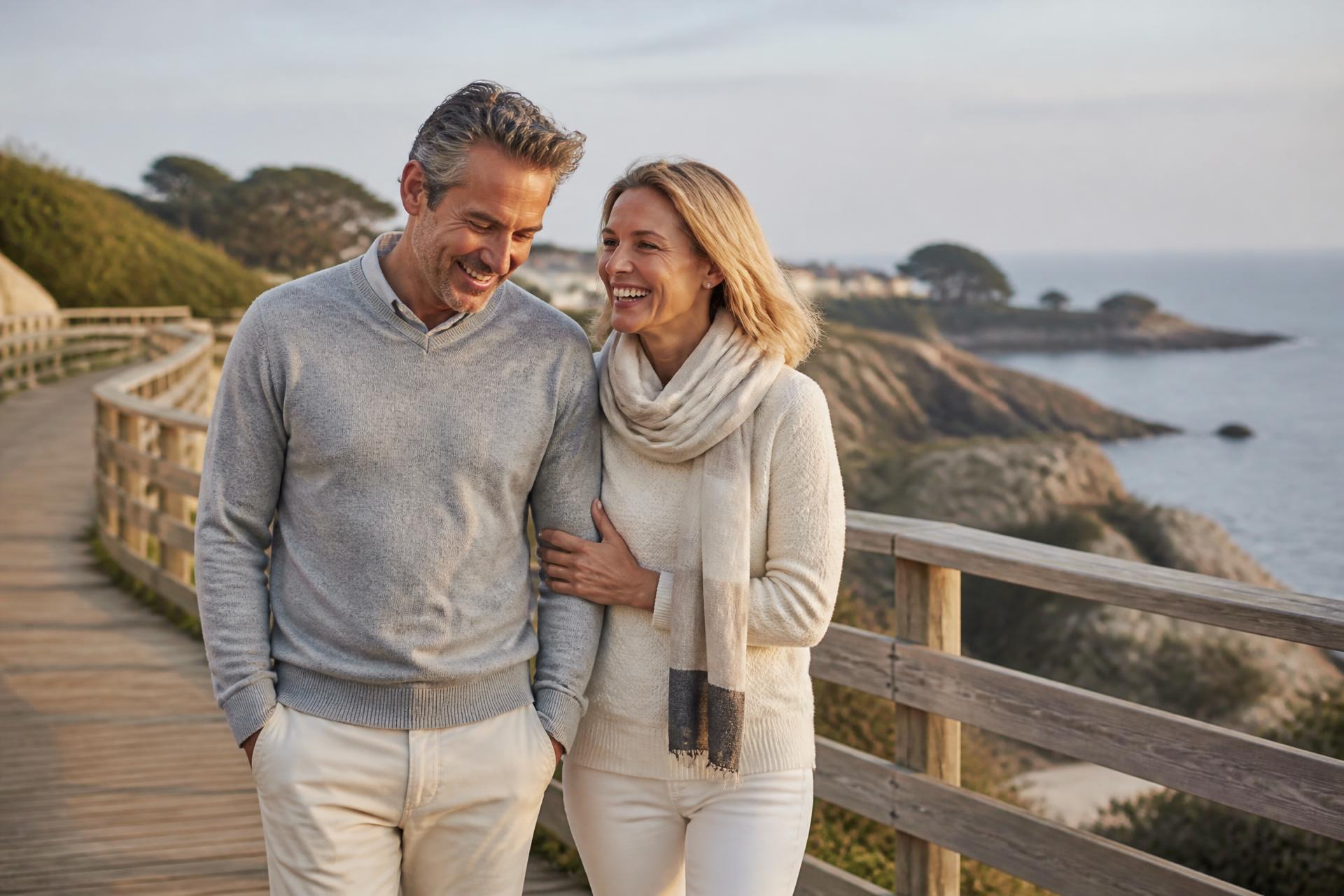 Midlife couple walking together on a coastal boardwalk in late afternoon light